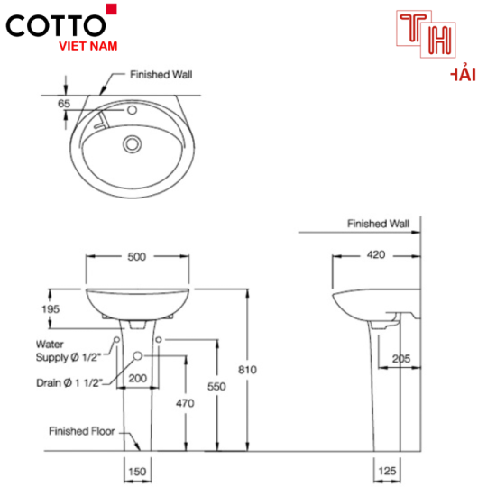 LAVABO COTTO C013/C404 TREO TƯỜNG CHÂN DÀI KENSINGTON 20