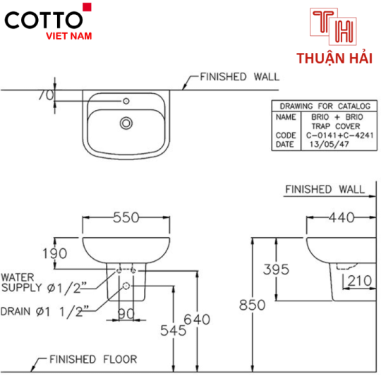 LAVABO COTTO C0141/C4241 TREO TƯỜNG CHÂN NGẮN BRIO