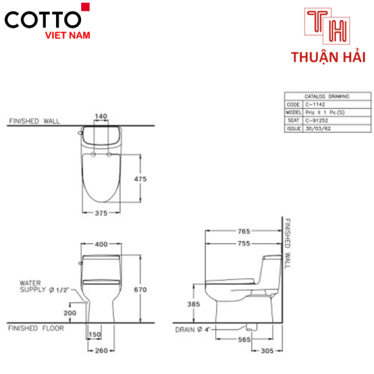 BỒN CẦU COTTO C1142 MỘT KHỐI PRIZ II